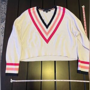 Tommy Hilfiger Cream V-Neck Sweater with Pink and Navy Stripes